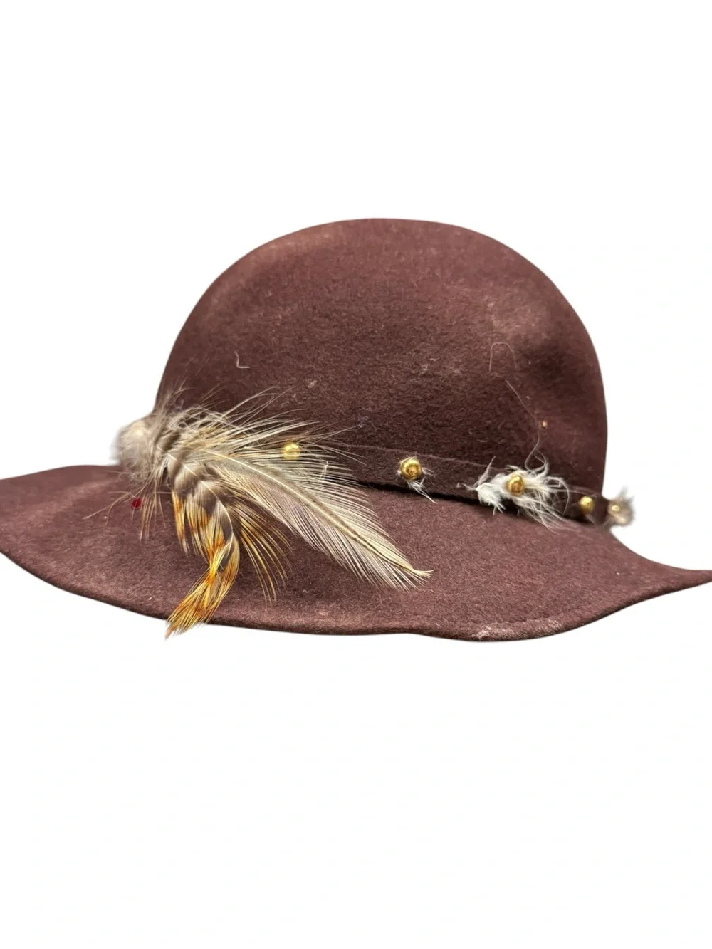 Vintage Smart Alex Brown Wool Wide Brim Hat with Feather Trim